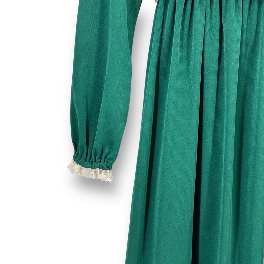 Vintage Handmade Polyester Prairie Dress Gown Womens Size Small Green White Lace - Picture 3 of 6